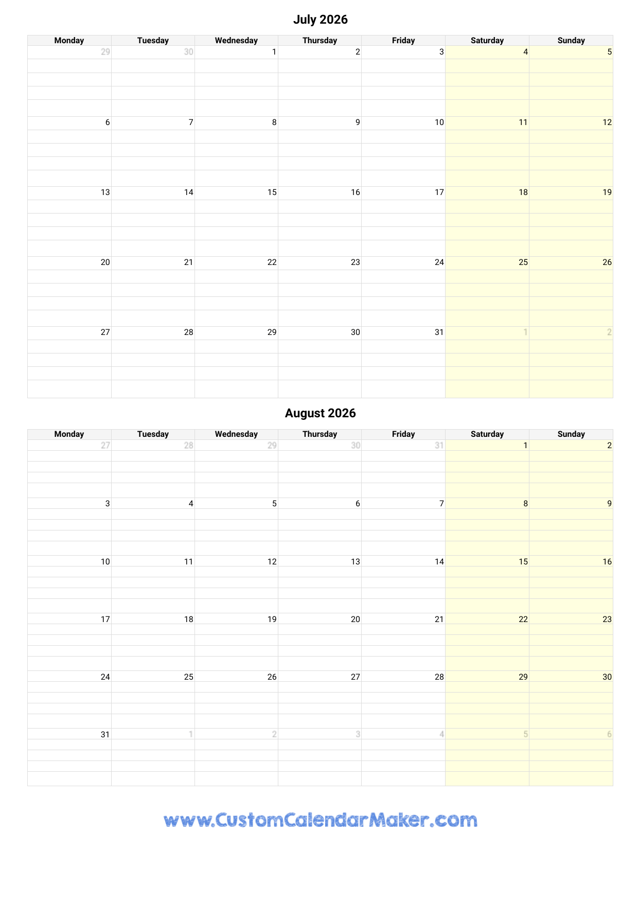 July And August 2026 Calendar Custom Calendar Maker
