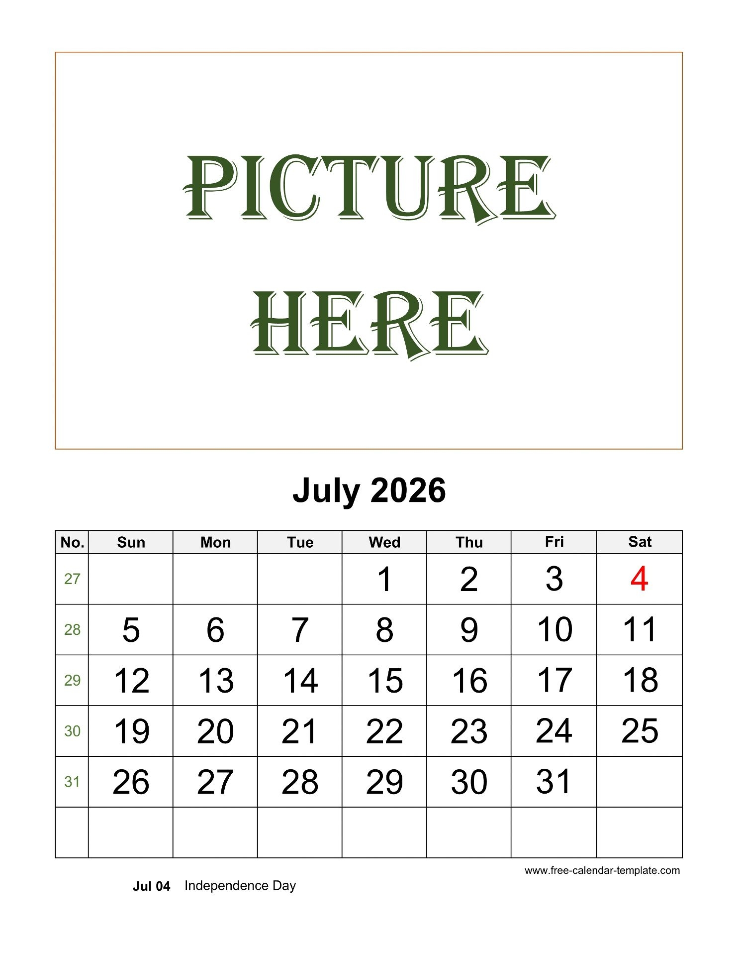Monthly Calendar July 2026 Printable