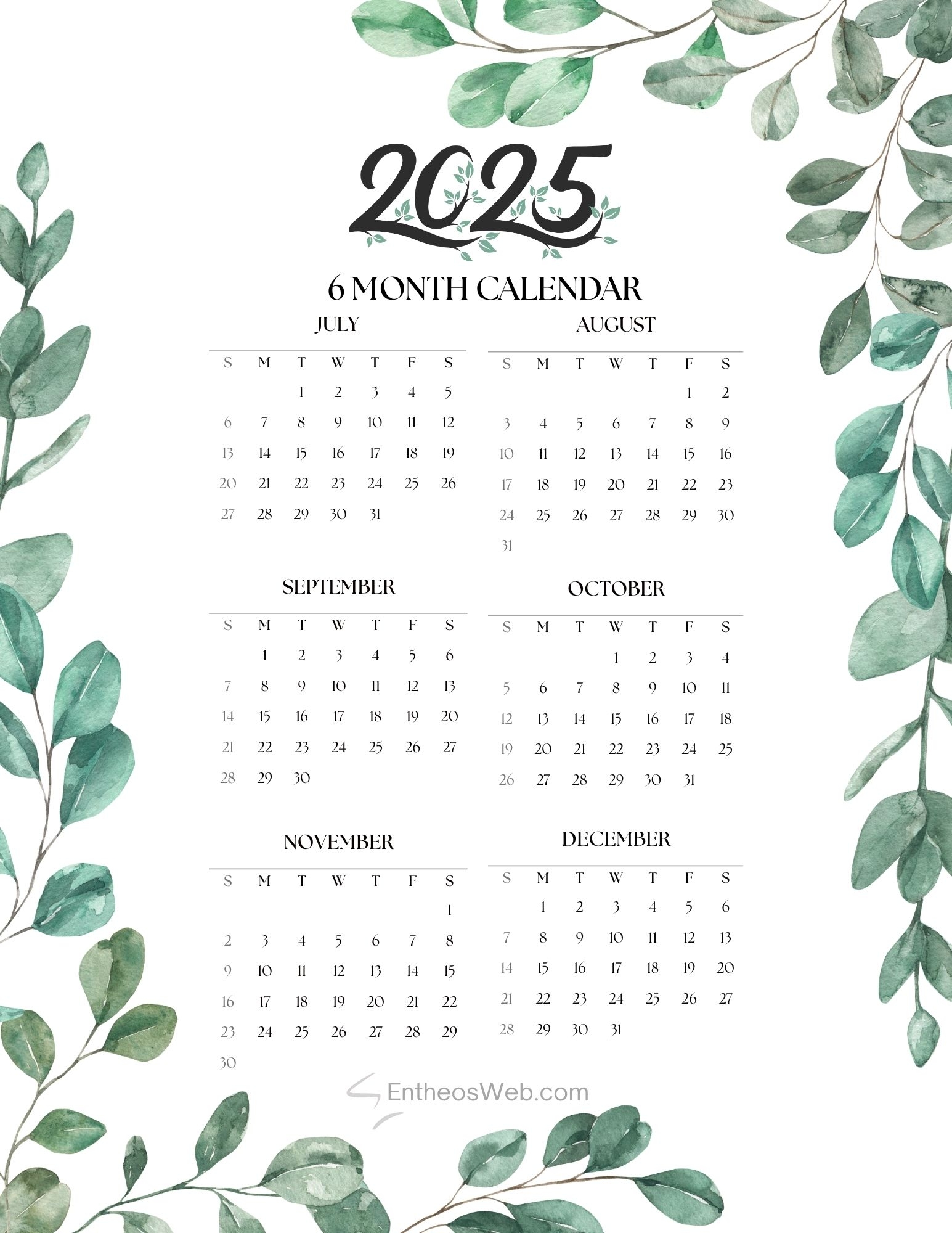 July To December 2025 6 Month Calendar Printable EntheosWeb
