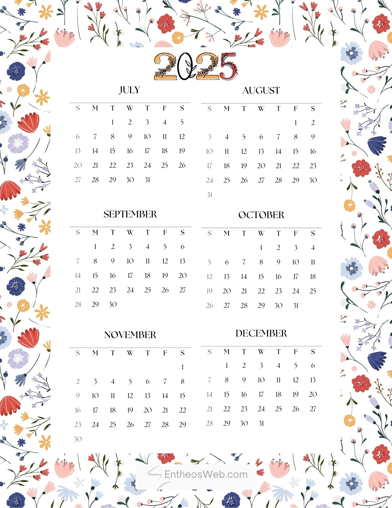 Printable 6 Month July To December Calendar 2026