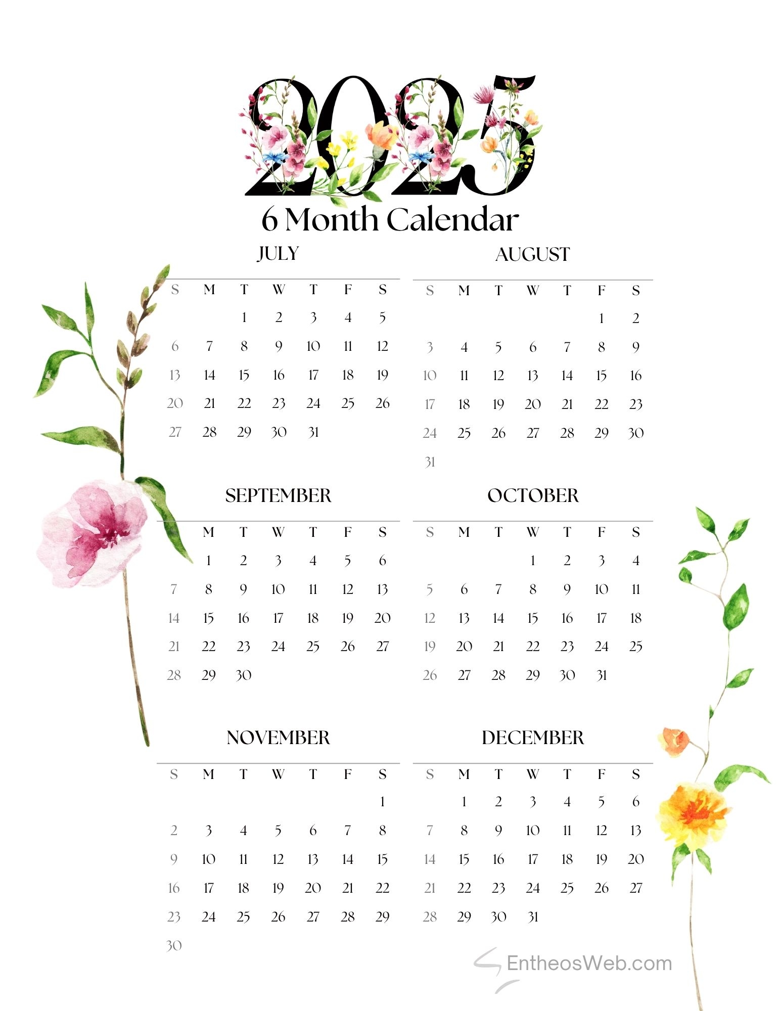 july to december 2025 6 month calendar printable entheosweb