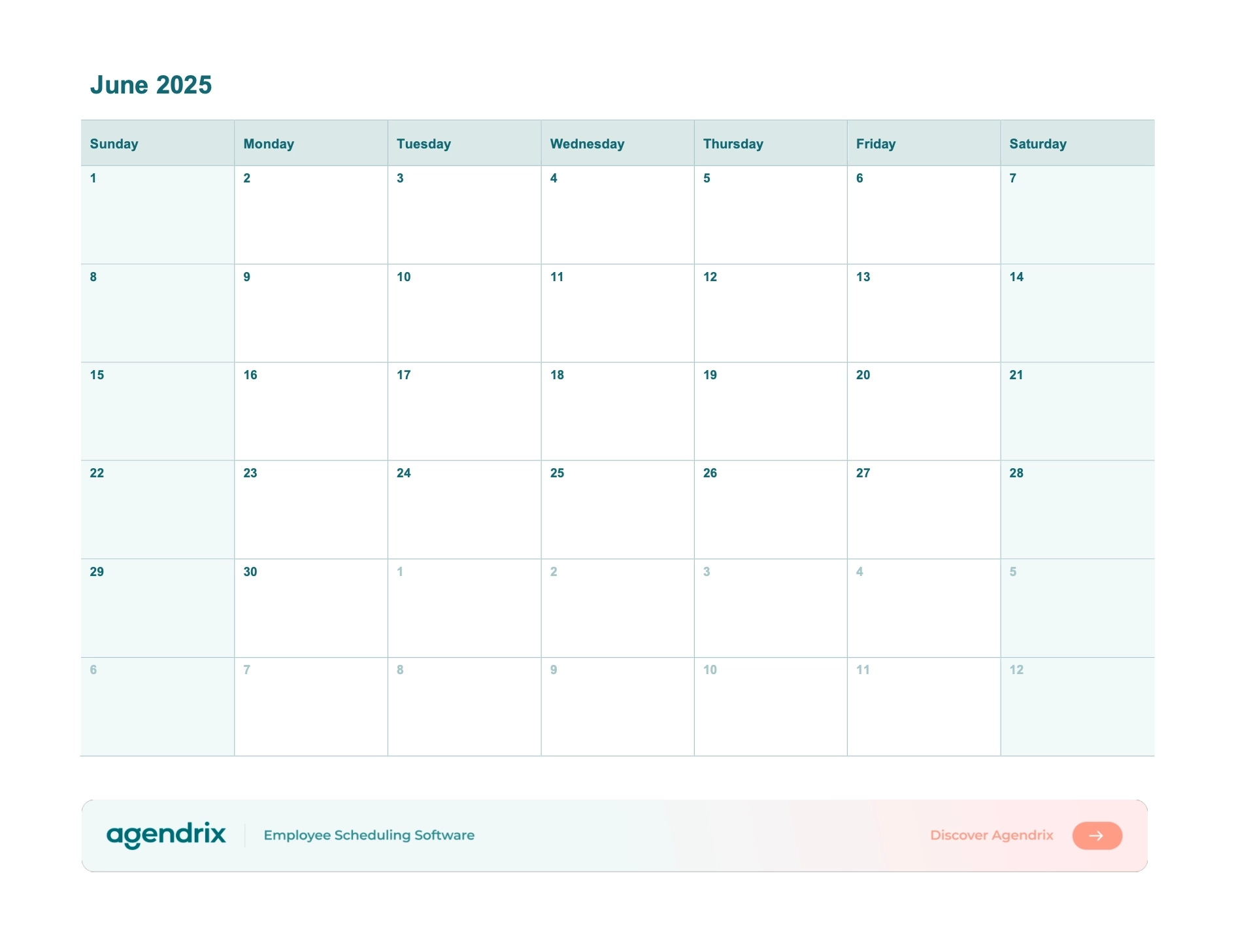 June 2025 Printable Calendar Word Excel PDF Agendrix