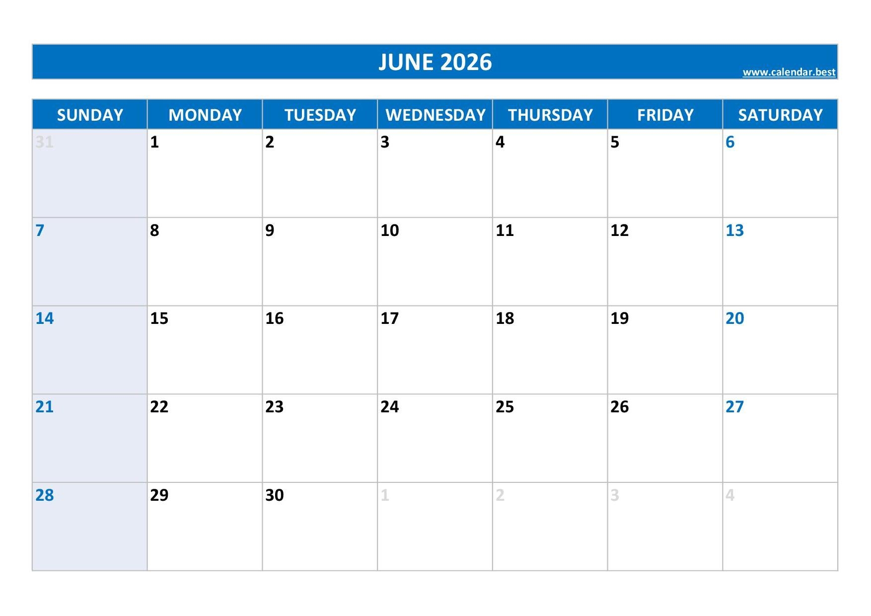 Printable Blank 2026 Calendar