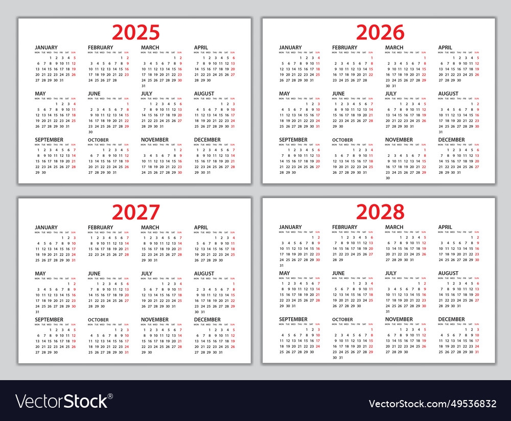 Kalender 2025 2026 2027 2028 Vorlagenplaner Vektorbild