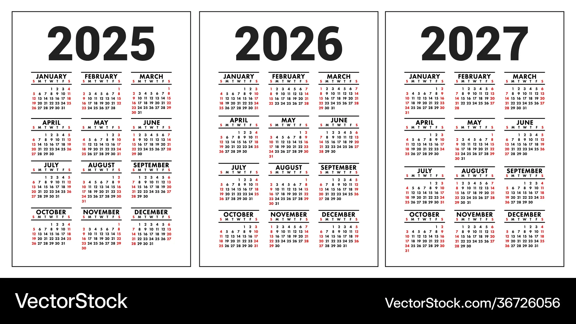 Kalender 2025 2026 Und 2027 Englischer Satz Vektorbild