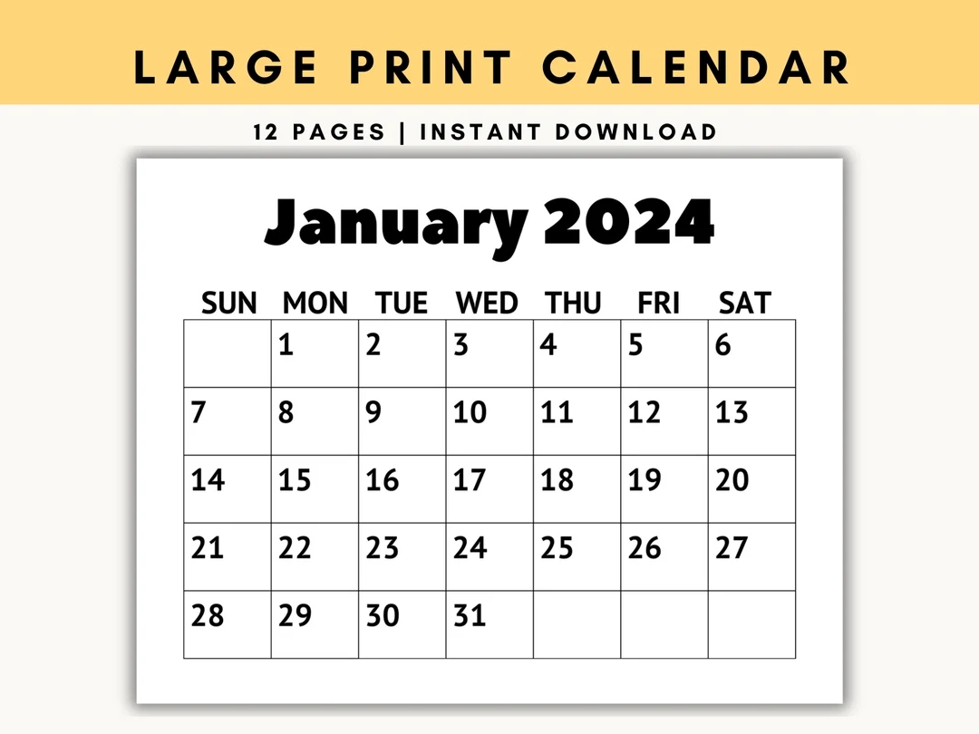 Large Print Calendar 2024 Monthly Calendar Calendar For Senior Citizens Calendar With Large Numbers Printable Calendar Sunday Start Etsy