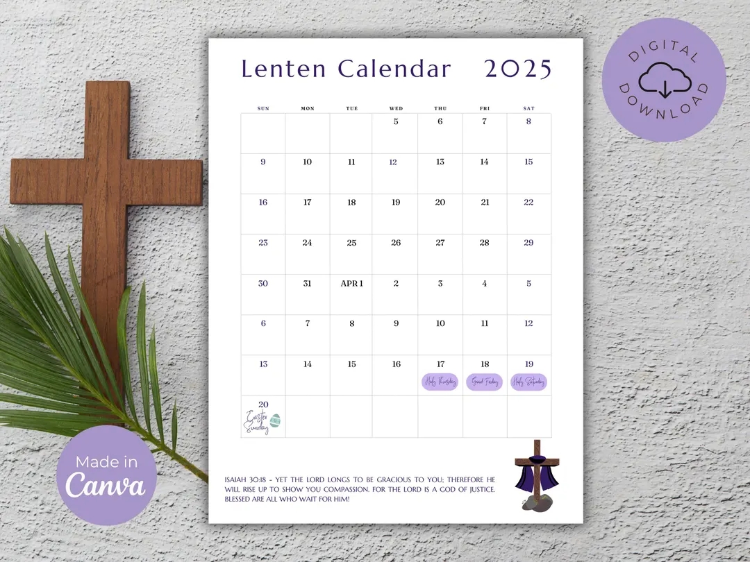 Lenten Calendar 2025 Printable Lenten Prayer Calendar Easter Countdown Customizable Lenten Calendar Ash Wednesday Planner Etsy