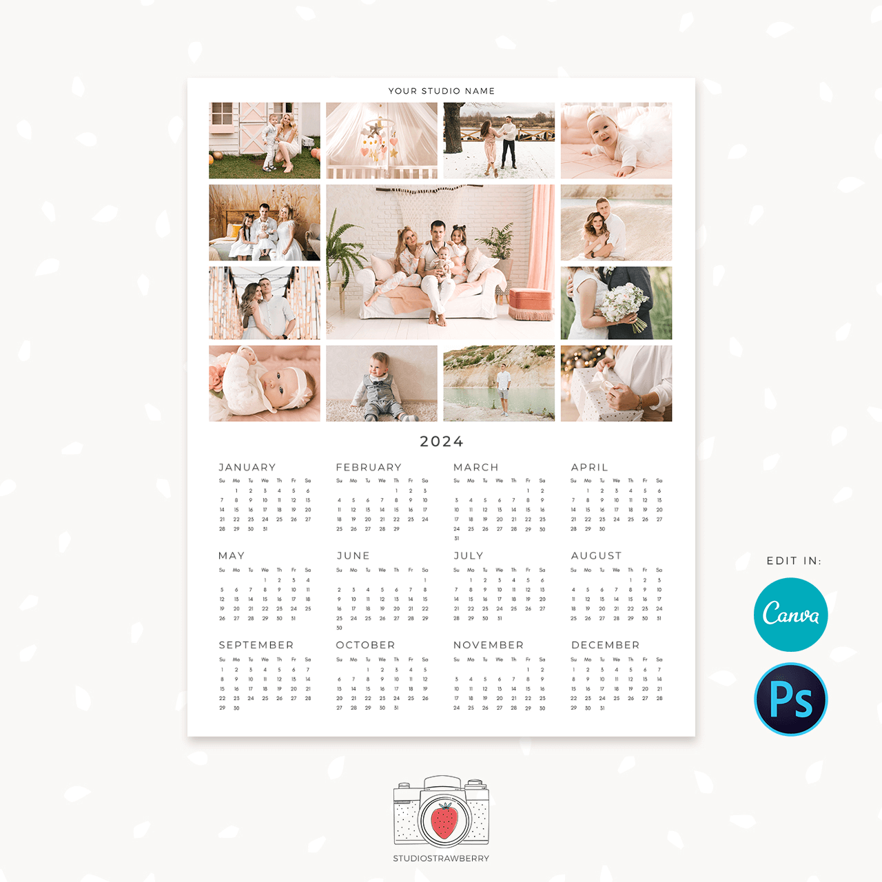 Letter Size One Page Photo Calendar Template For Canva Photoshop Strawberry Kit