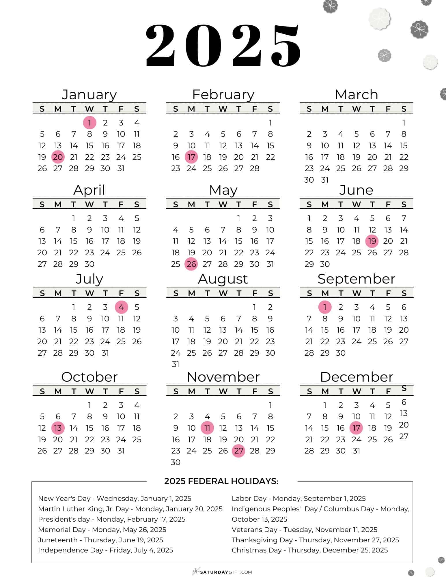 List Of Federal Holidays 2025 In The U S SaturdayGift List Of Federal Holidays 2025 In The U S SaturdayGift
