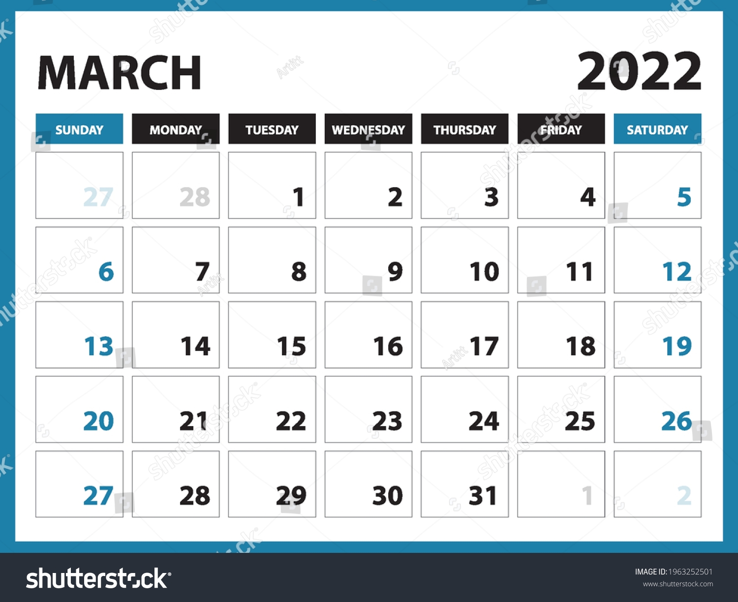 March 2022 Calendar Printable Calendar 2022 Stock Vector Royalty Free 1963252501 Shutterstock