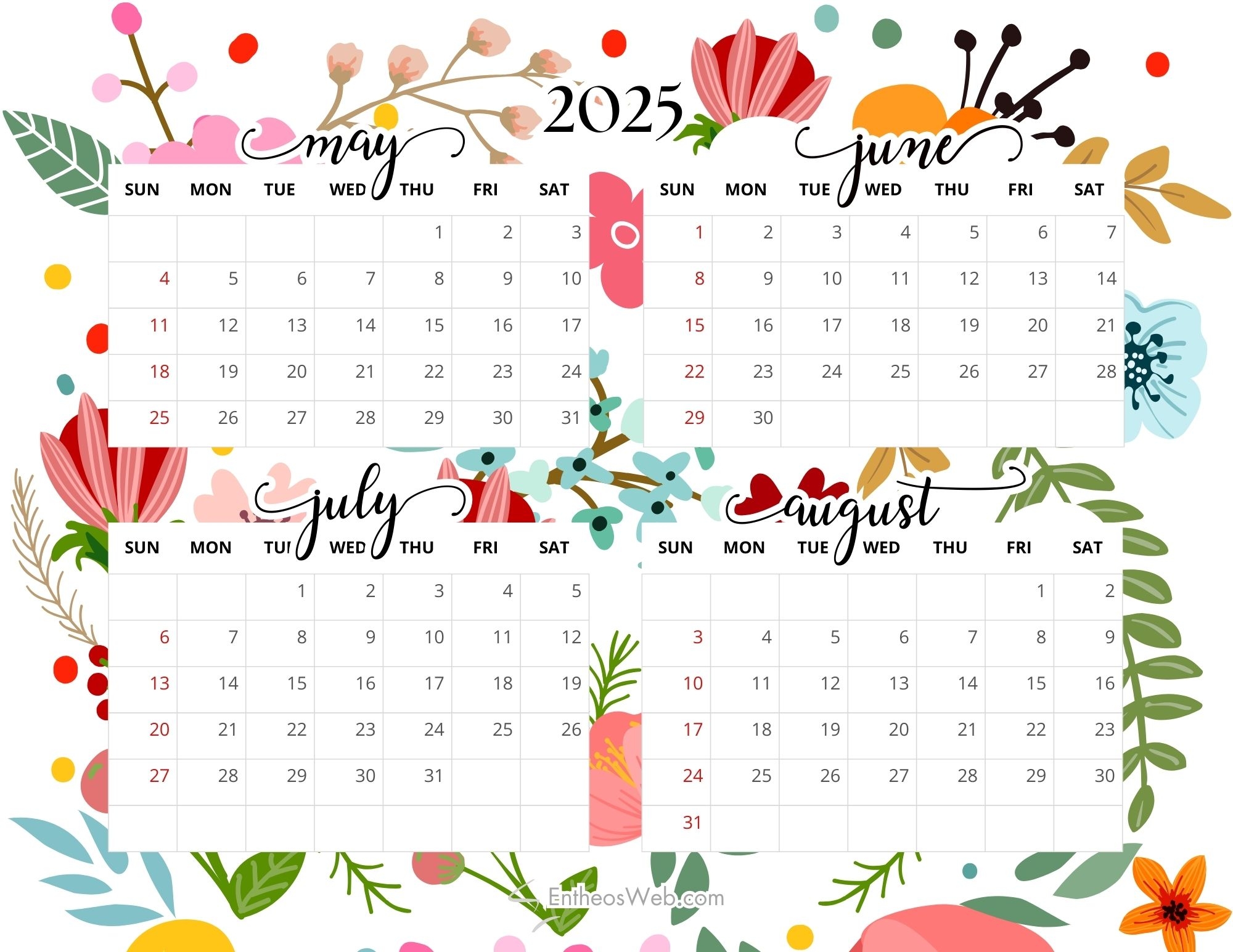 4 Month Calendar 2025 Printable