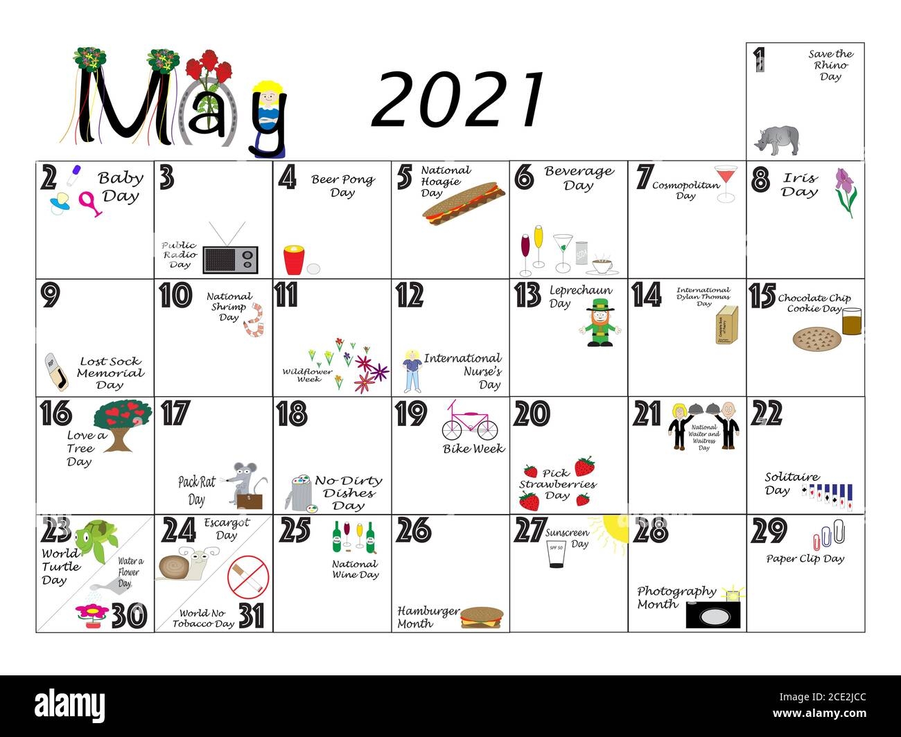 May Monthly Calendar Illustrated And Annotated With Daily Quirky Holidays And Unusual Celebrations With Sunday Start Week Stock Photo Alamy