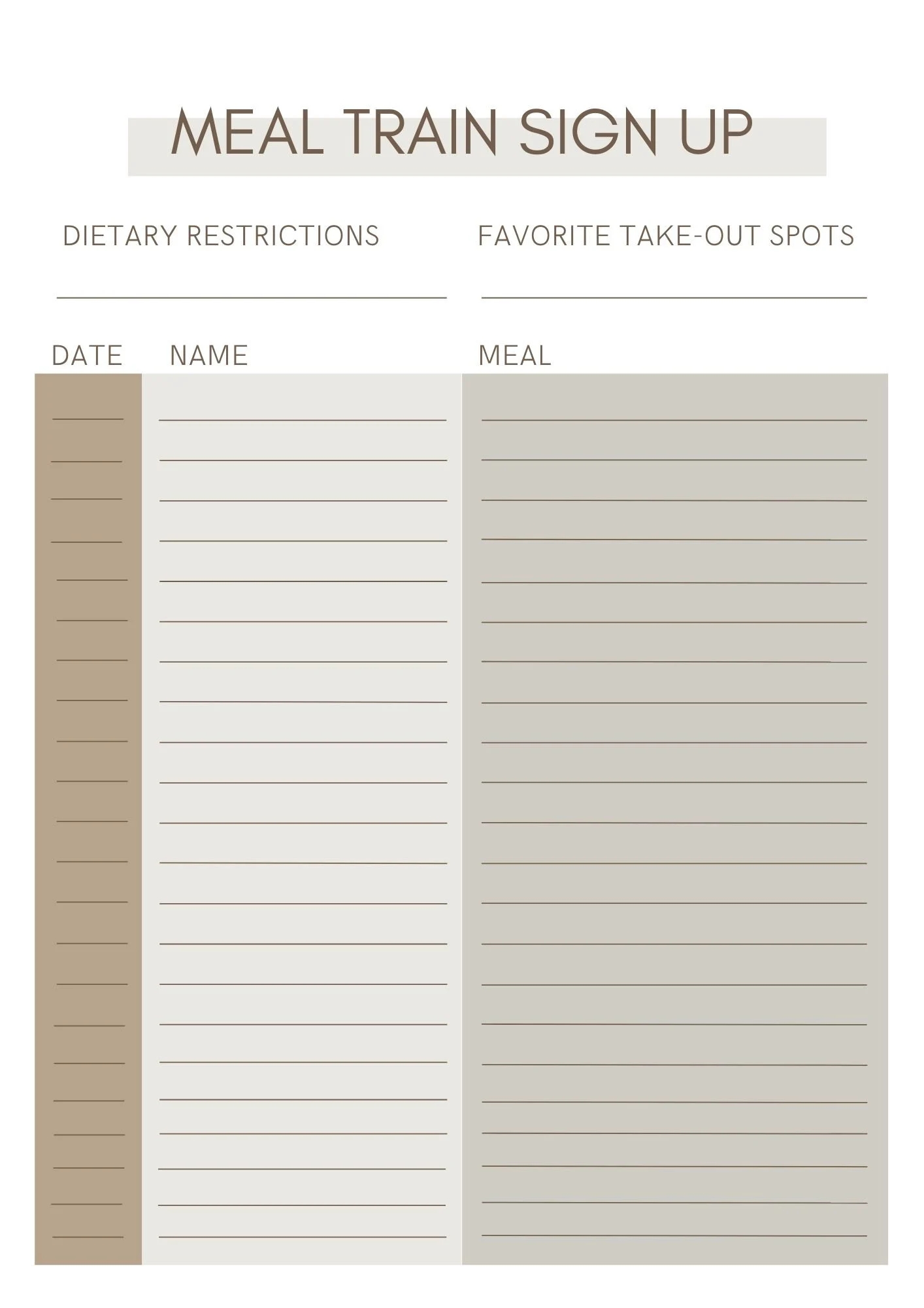 Meal Train Sign up Template Digital Download Meal Train PDF Etsy