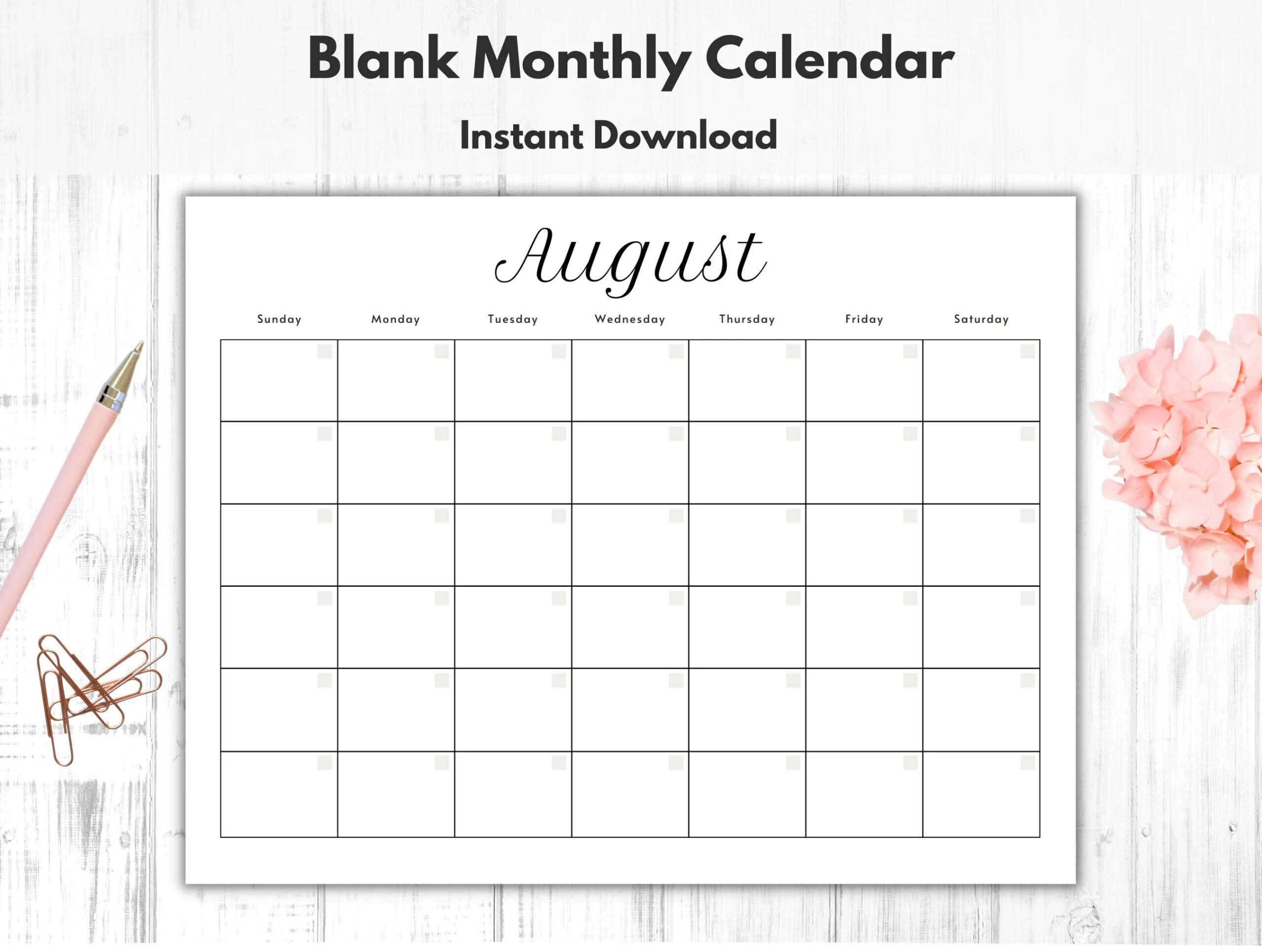 monthly blank calendar printable calendar template horizontal printable calendar pages pdf printable instant download simple calendar etsy