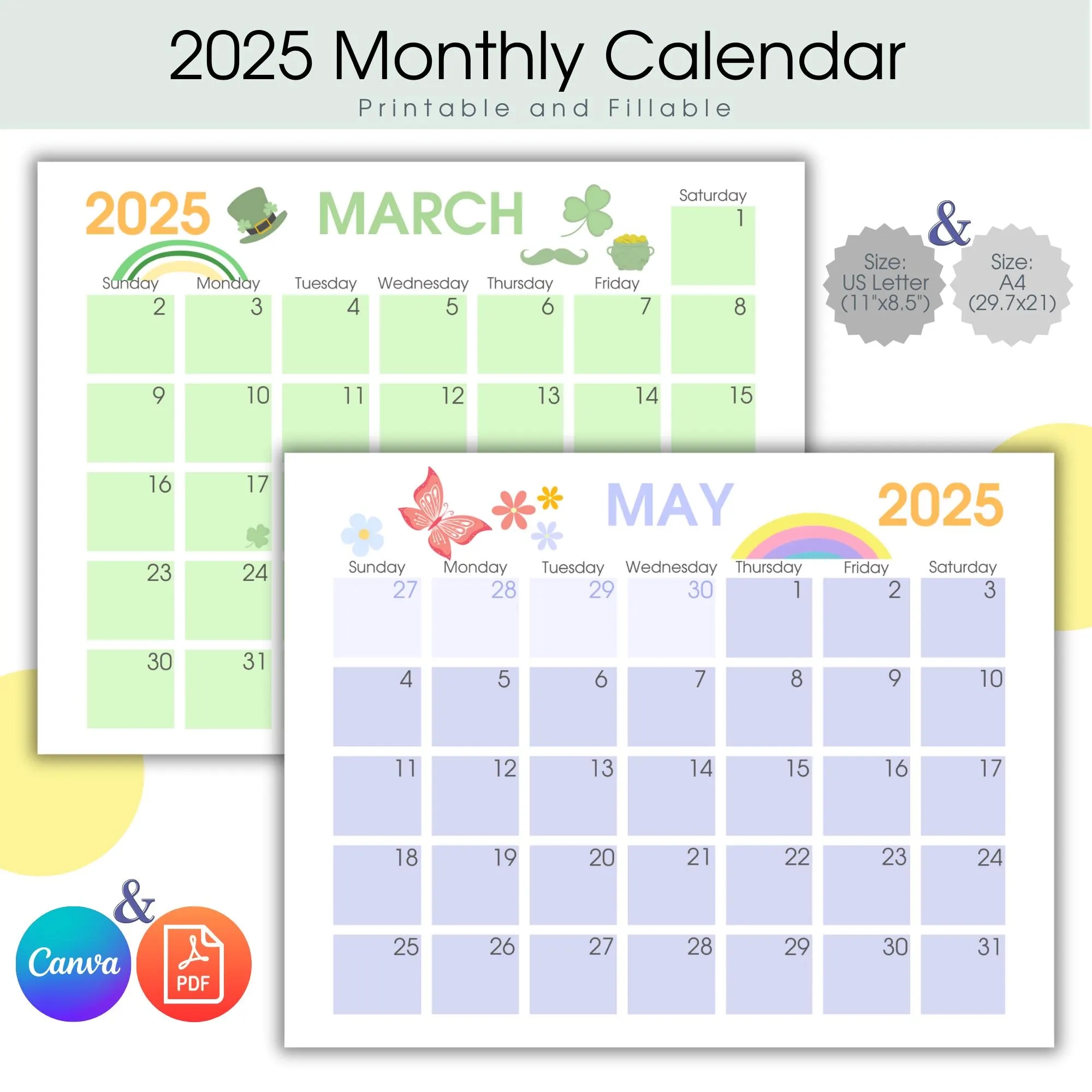 Monthly Calendar 2025 Monthly Planner Printable Calendar Editable Calendar 12 Month Calendar 2025 Planner Calendar Template Etsy