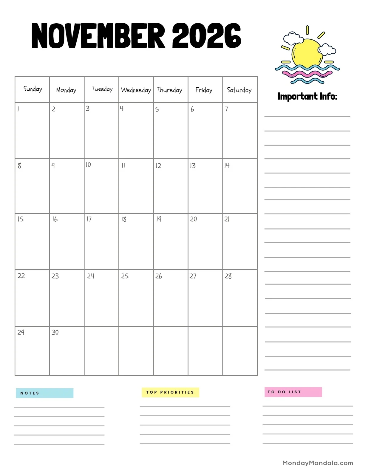 Blank Printable Calendar November 2026
