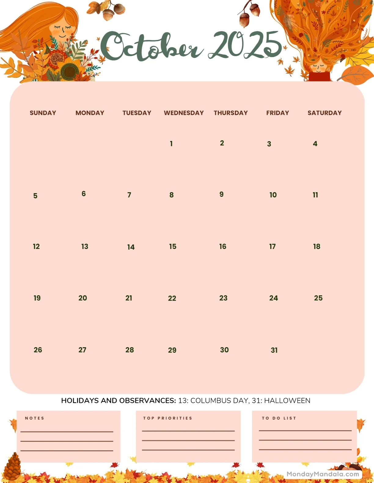 October 2025 Calendar Printable Cute