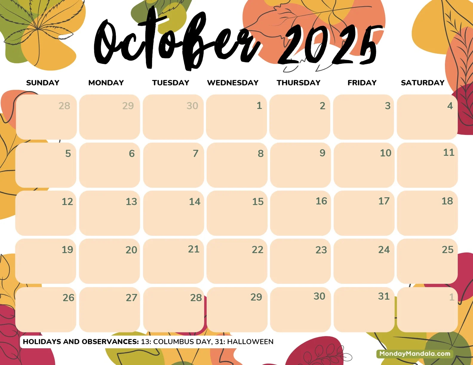 October 2025 Printable Calendar With Holidays