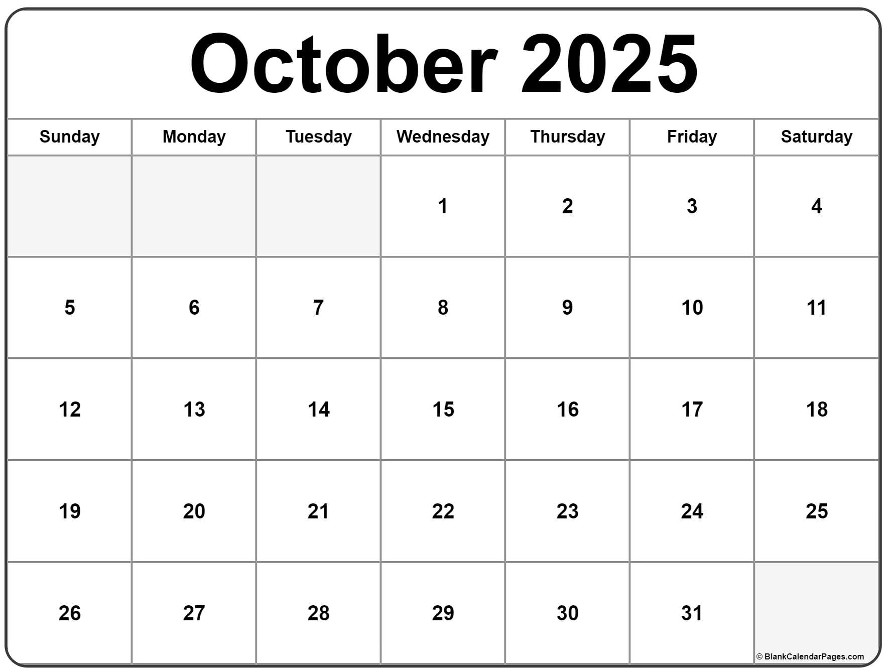 October 2025 Calendar Free Printable Calendars