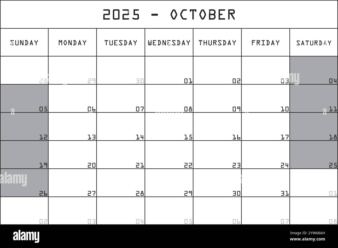 october 2025 calendar monthly planner template sunday start vector design stock vector image art alamy