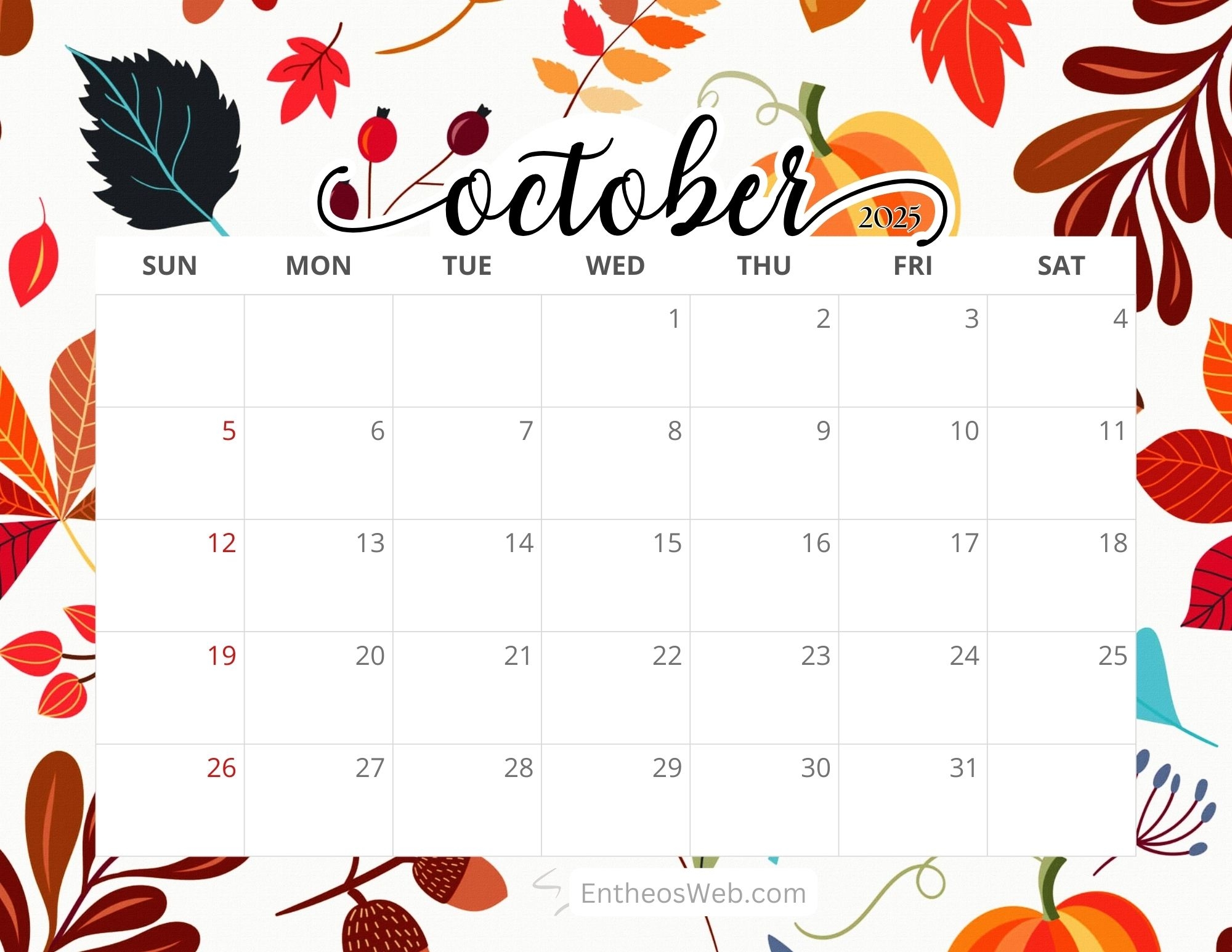 Printable Calendar 2025 October