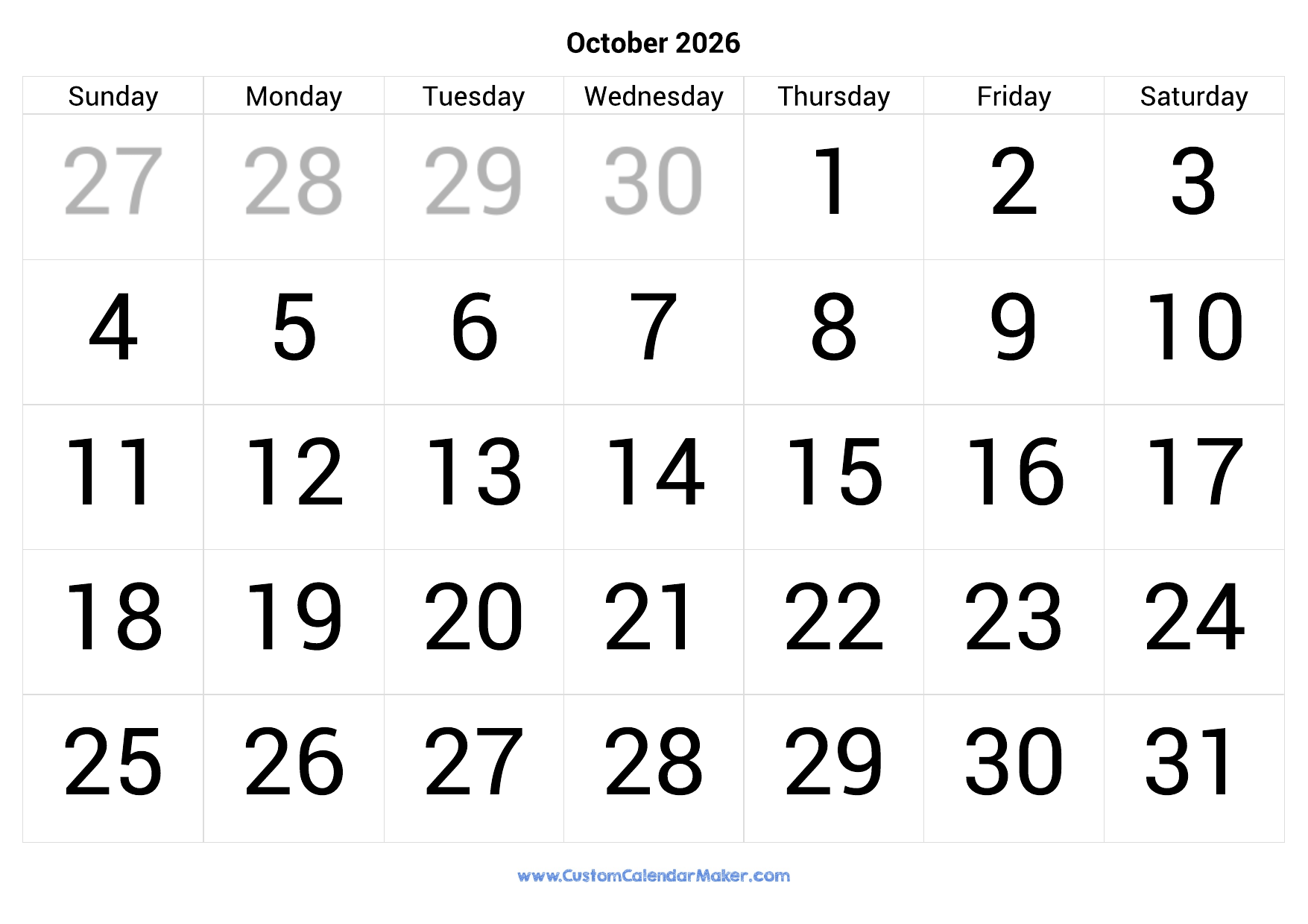 October 2026 Calendar Printable With Large Numbers Custom Calendar Maker