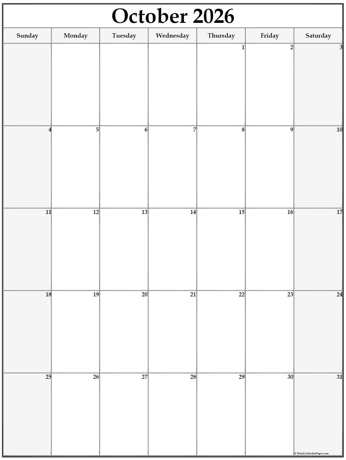 October 2026 Vertical Calendar Portrait