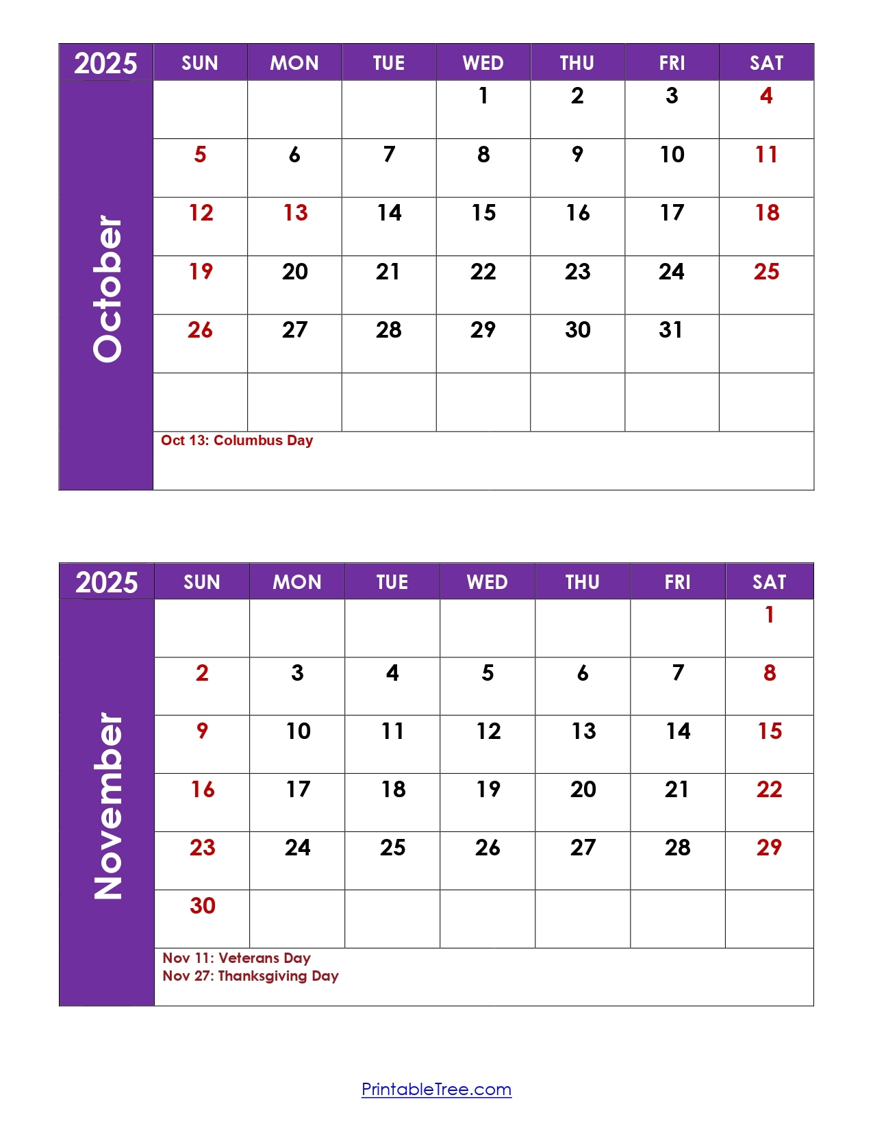 October November 2025 Calendar Printable