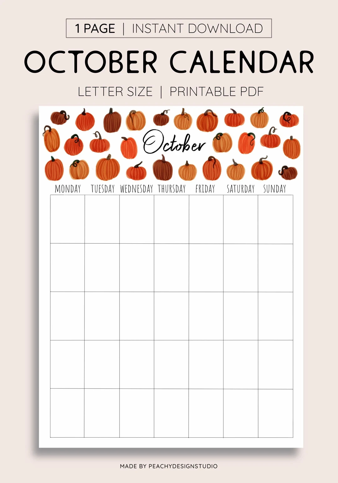 October Monthly Calendar INSTANT DOWNLOAD Monlyly Agenda Monthly Schedule Monday Start Etsy
