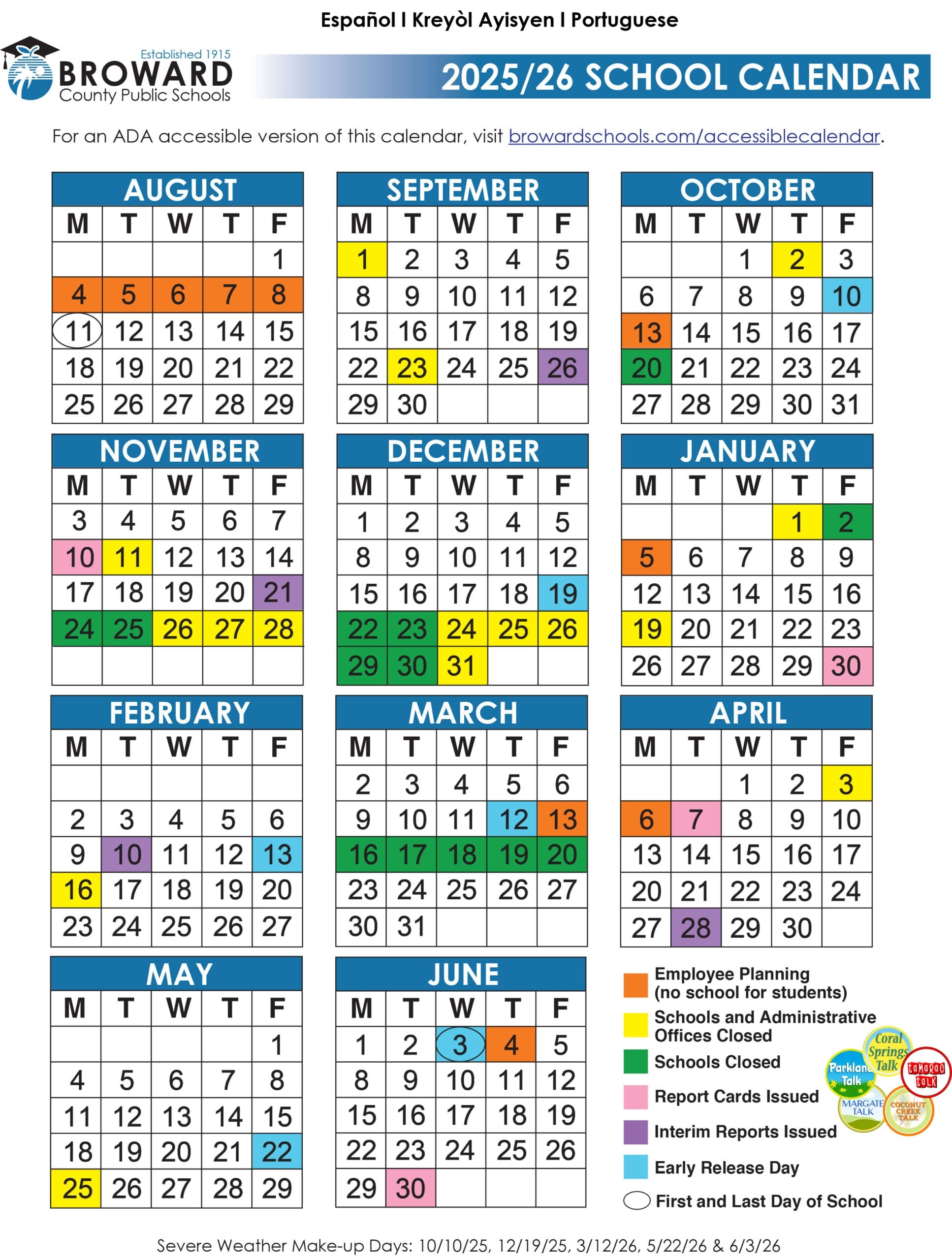 Official 2025 26 Broward County Public Schools Color Calendar Coral Springs Talk