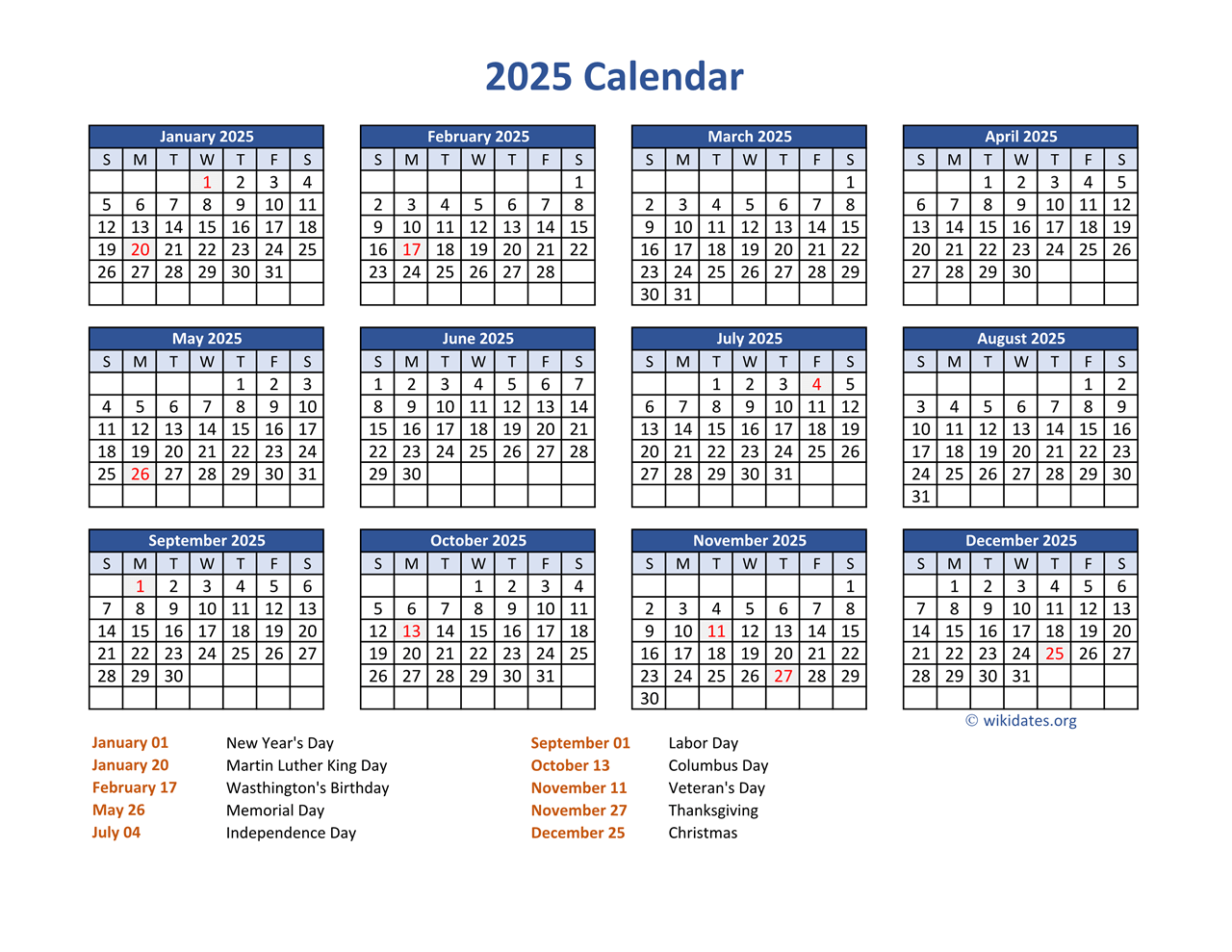 pdf calendar 2025 with federal holidays wikidates