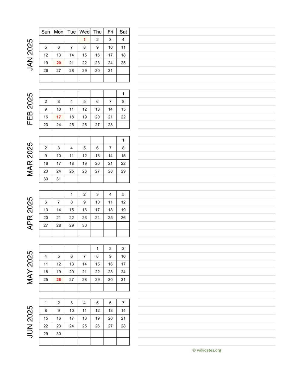 Printable Monthly Calendar Notes 2025