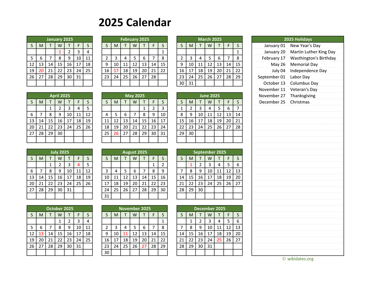 printable 2025 calendar with federal holidays wikidates