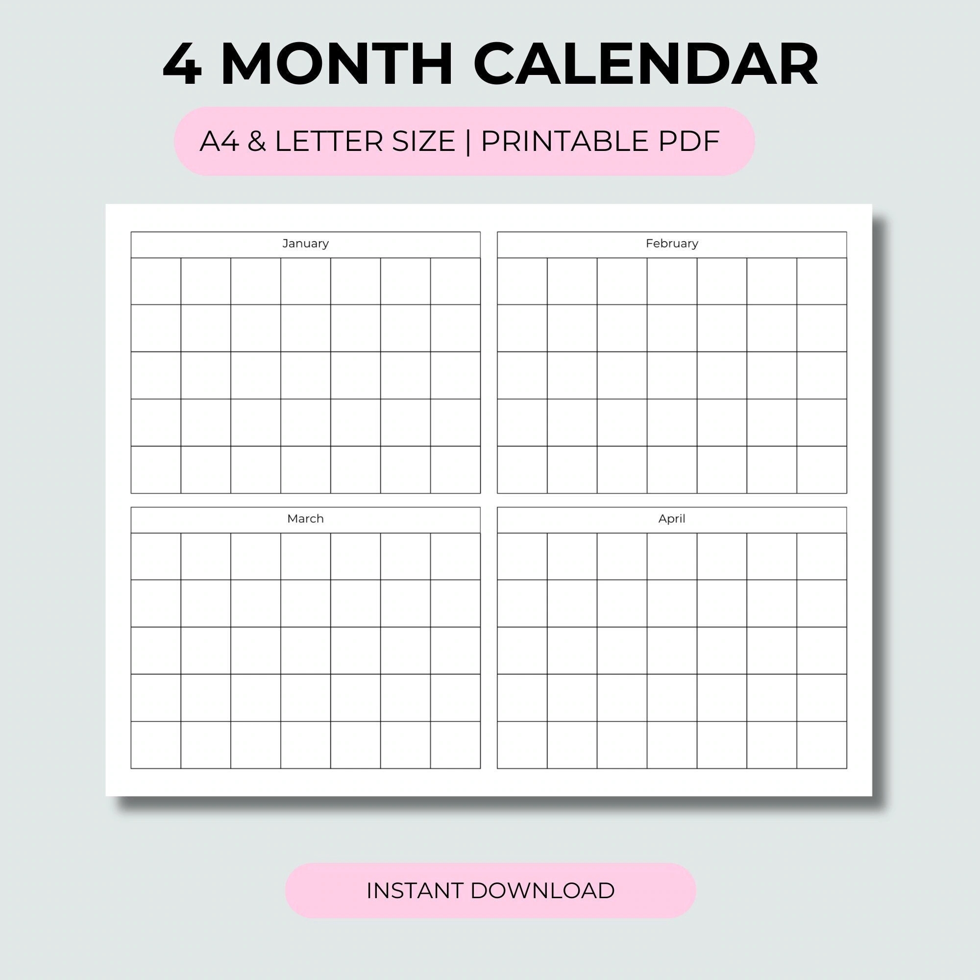 Printable 4 Month Calendar Etsy