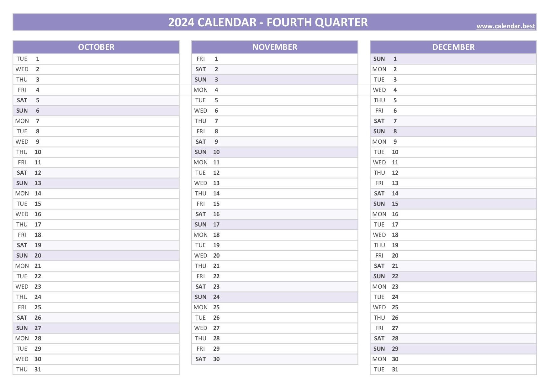 Printable 4th Quarter 2024 Calendar