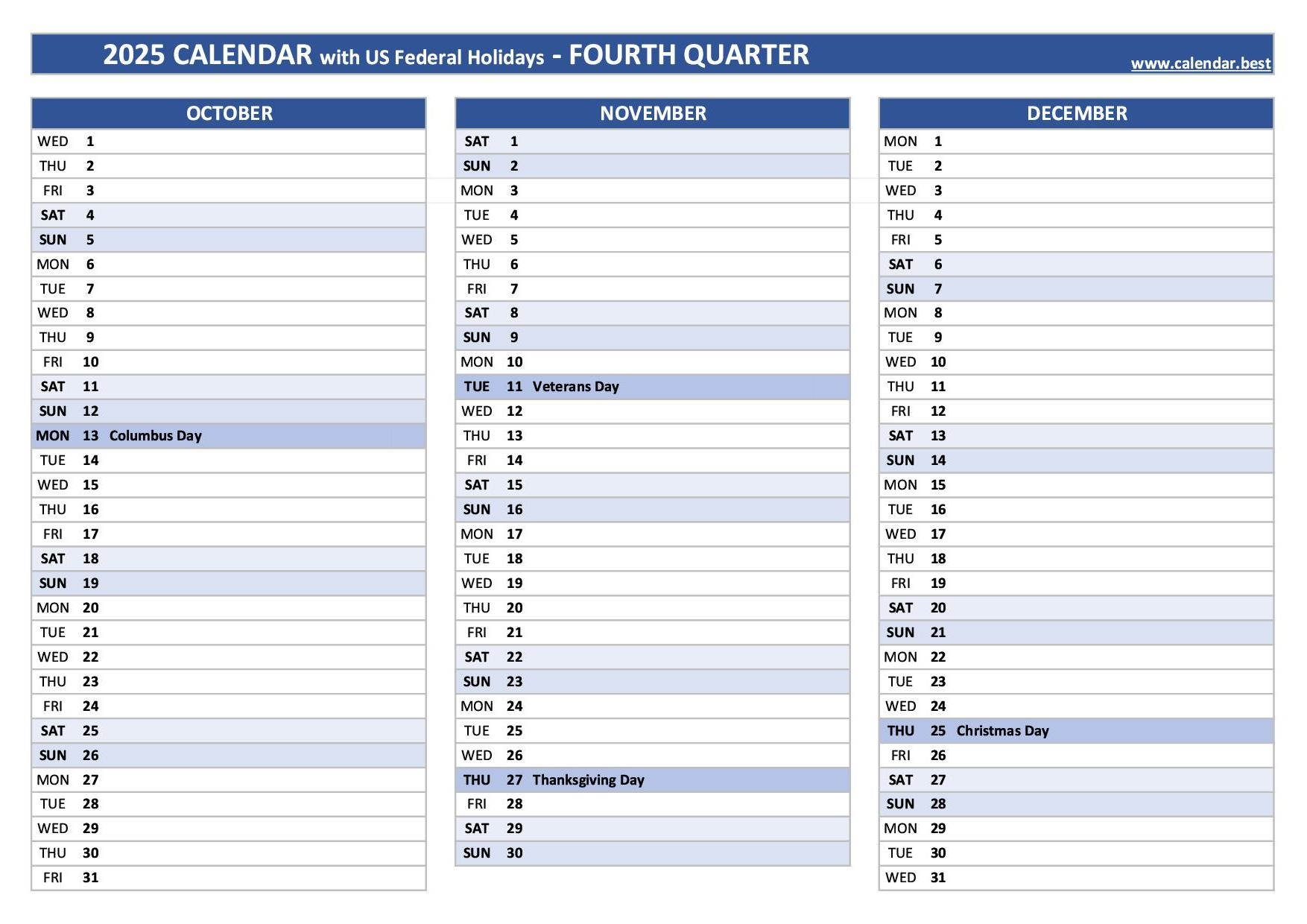 printable 4th quarter 2025 calendar