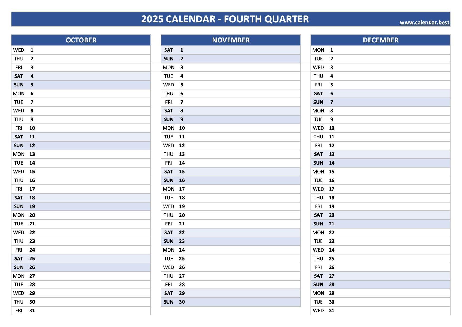 printable 4th quarter 2025 calendar