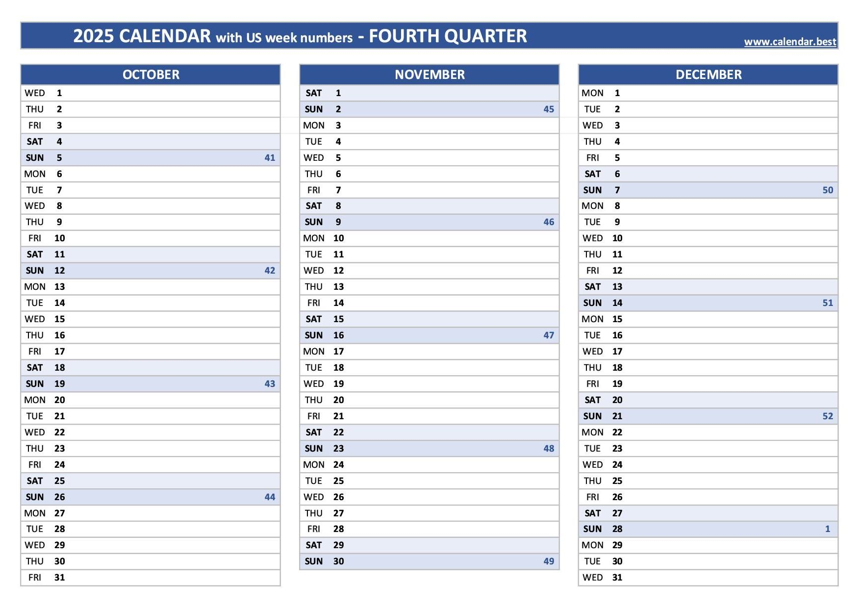 Printable 4th Quarter 2025 Calendar Printable 4th Quarter 2025 Calendar