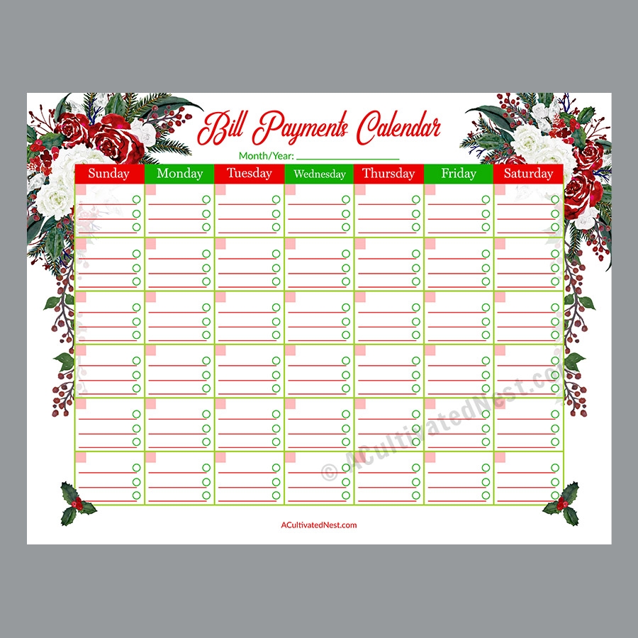 Printable Bill Payments Calendar Christmas Holiday A Cultivated Nest