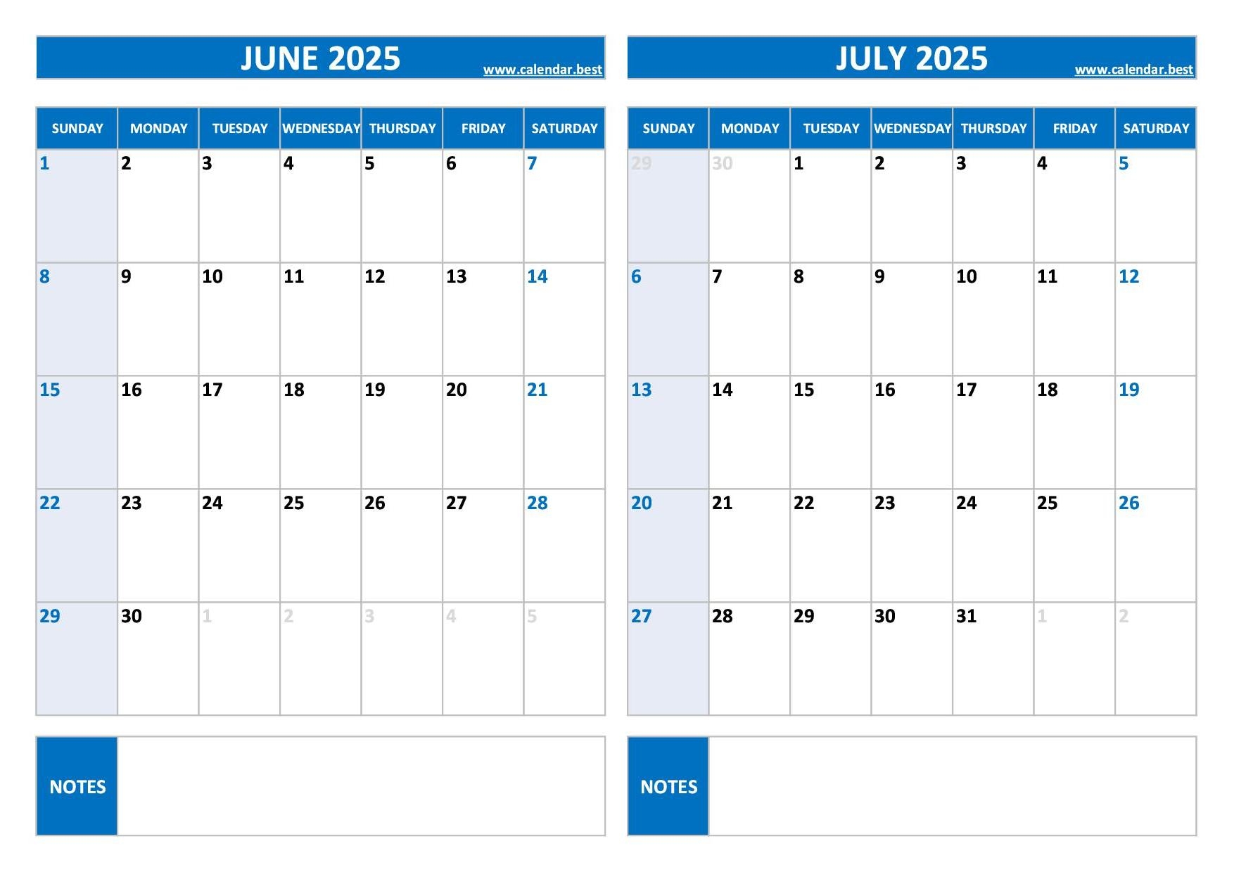 June Calendar 2025 Printable July Calendar 2026 Printable