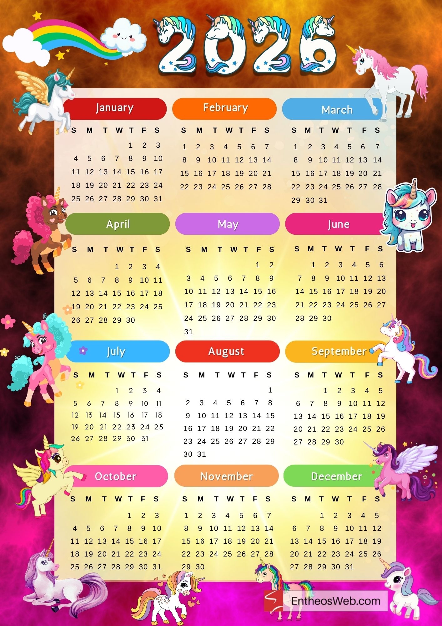 Printable Kids Calendar 2026 EntheosWeb