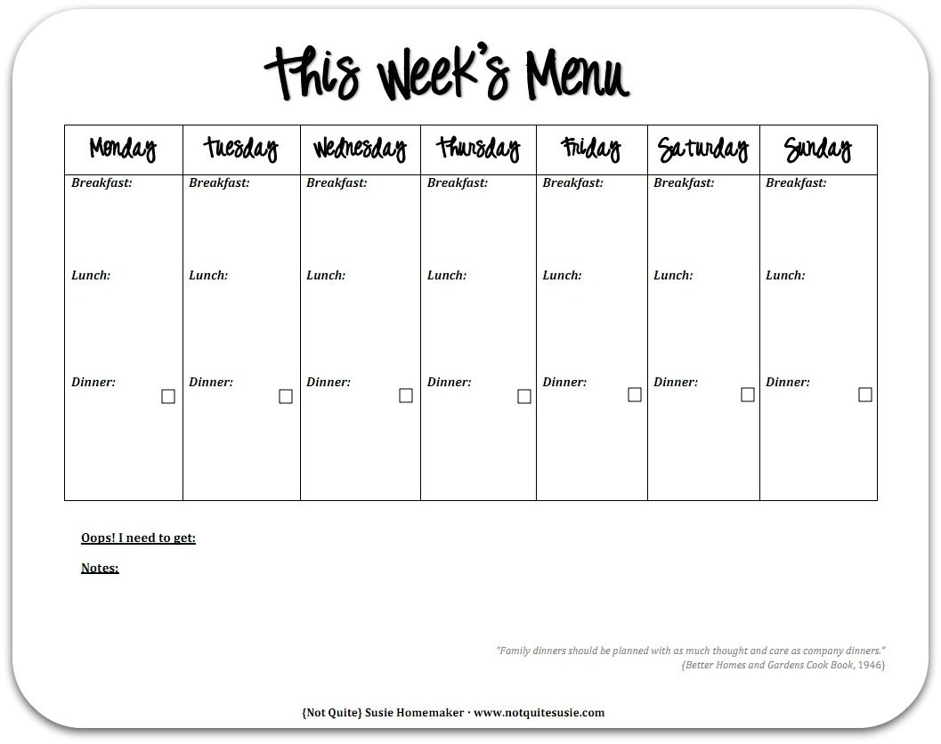 Printable Weekly Menu Calendar