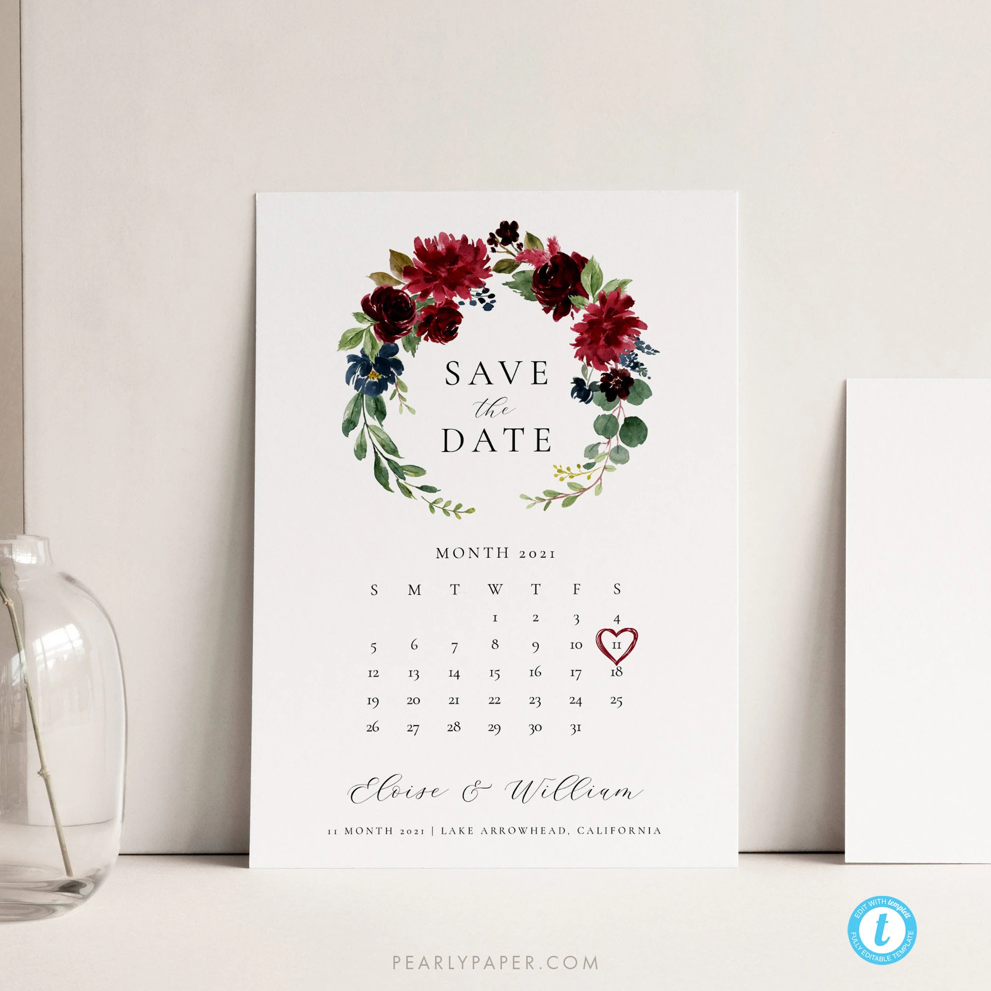Printable Save The Date Template Calendar Save Our Date Invitation Templett Marsala Burgundy Merlot Invite Calligraphy DIY Download 12 Etsy