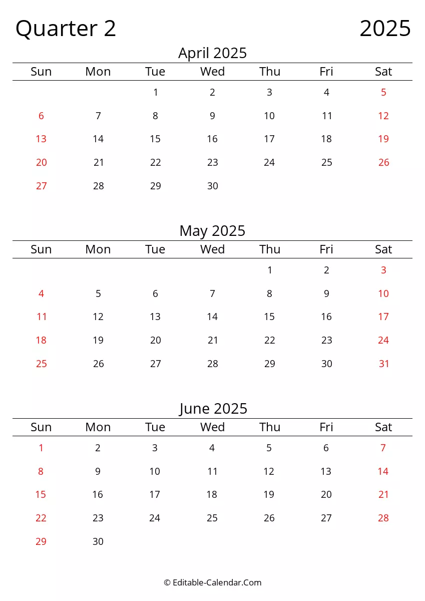 quarter 2 of 2025 editable calendar in excel word pdf