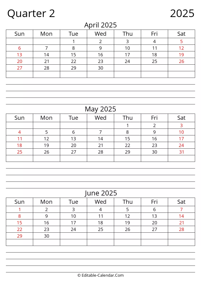 quarter 2 of 2025 editable calendar in excel word pdf