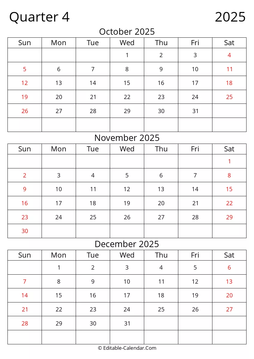 quarter 4 of 2025 editable calendar in excel word pdf
