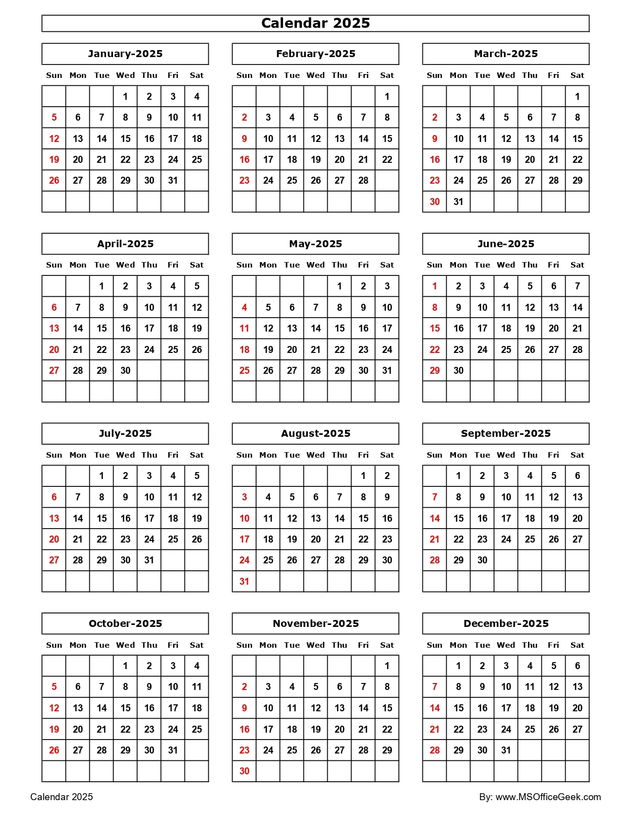Ready To Use Printable Calendar 2025 MSOfficeGeek