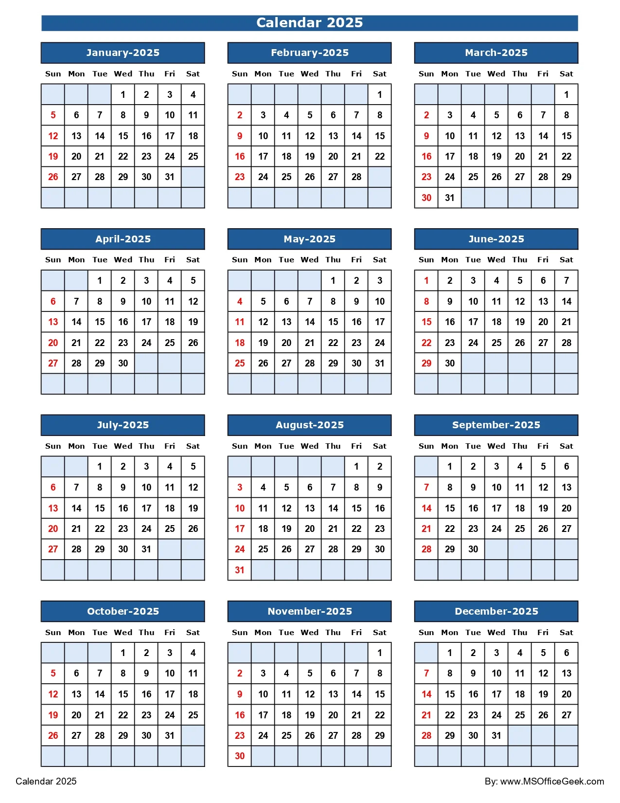 ready to use printable calendar 2025 msofficegeek
