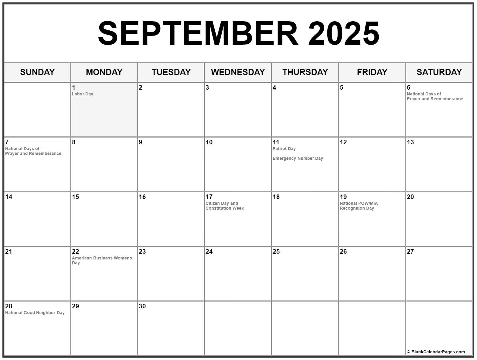 september 2025 with holidays calendar