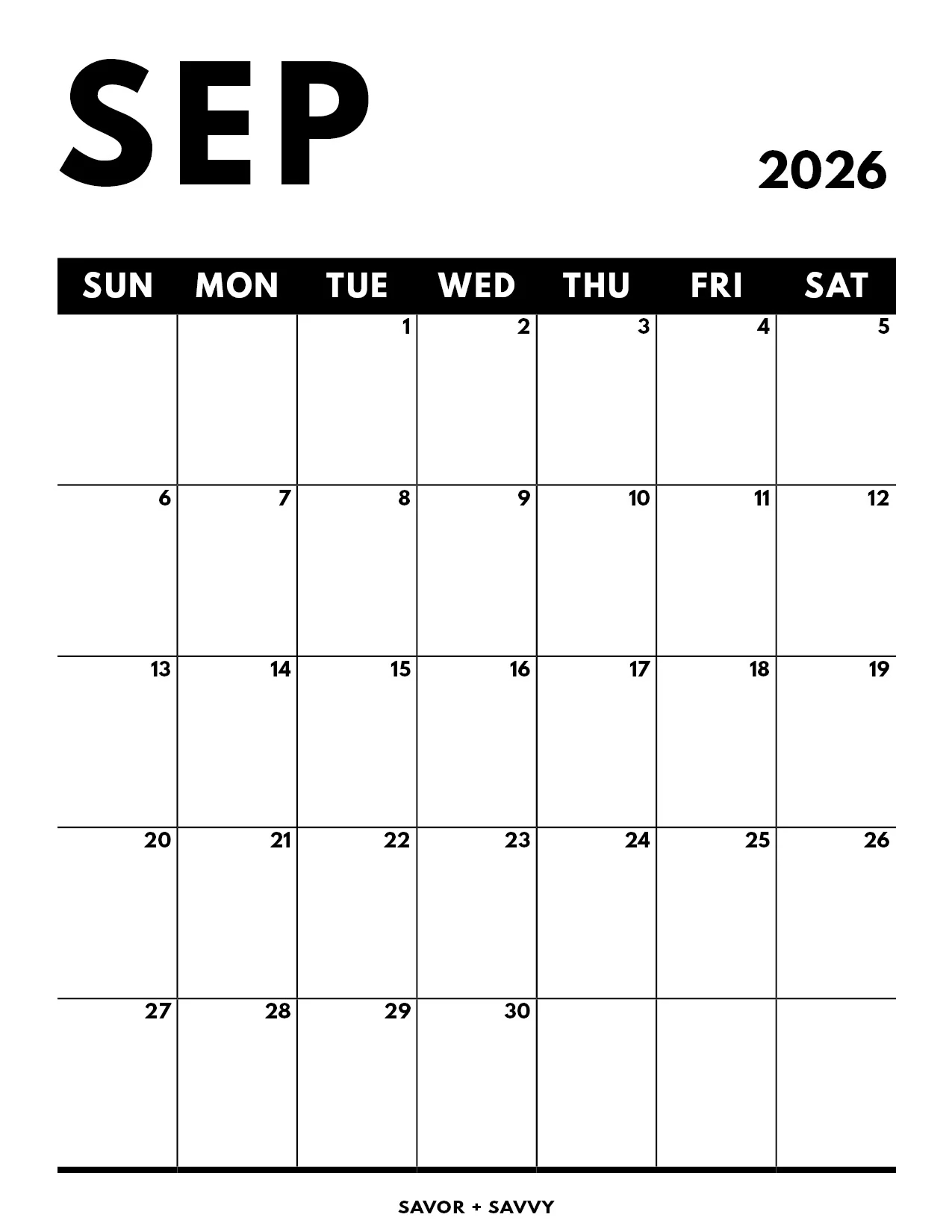 September 2026 Blank Printable Calendar